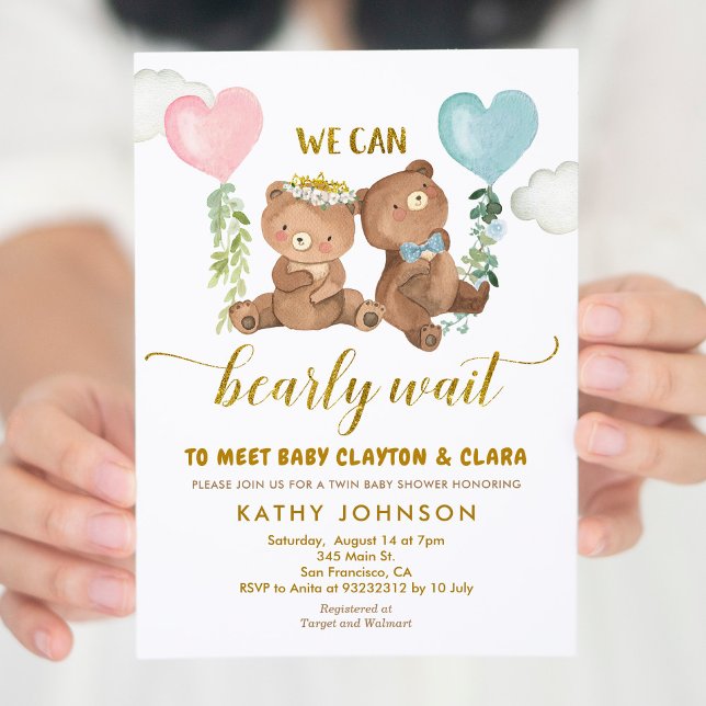 Twins Bear Balloon Baby Shower Invitation (Creator Uploaded)