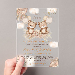 Twins Bear Boho Neutral Baby Shower Acrylic Invitations