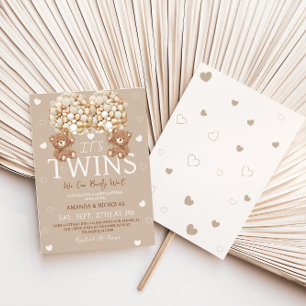 Twins Bear Tan Ivory Hearts & Balloons Baby Shower Invitation