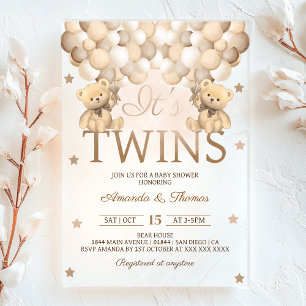 Twins Bear With Neutral Balloons Baby Shower Acrylic Invitations