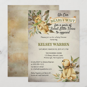 Twins Bearly Wait Woodland Teddy Bear Baby Shower Invitation