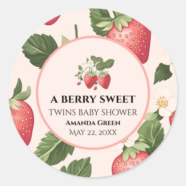 TWINS Berry Sweet Strawberry Baby Shower Classic Round Sticker (Front)