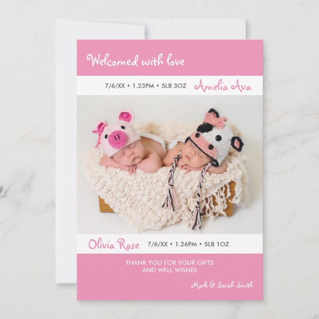 Twins birth announcement/thank you card (Front)