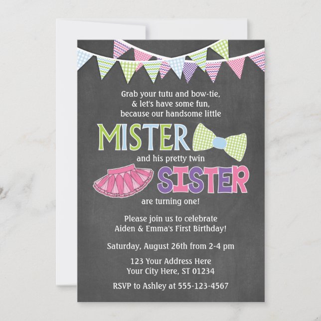 Twins Birthday Invitation | Tutus and Ties Invite (Front)