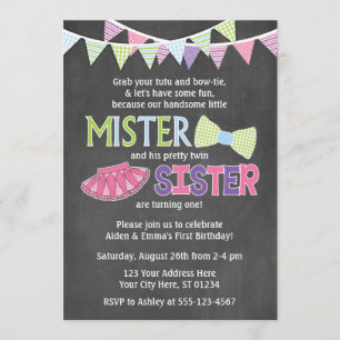 Twins Birthday Invitation   Tutus and Ties Invite