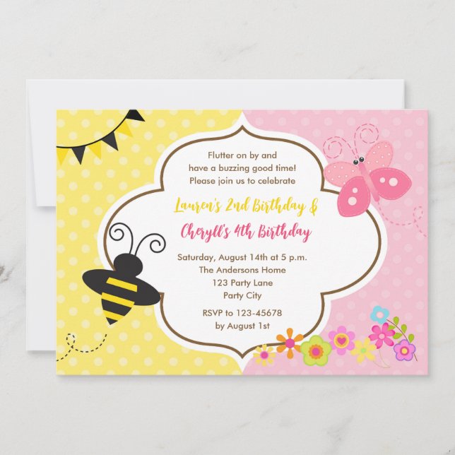 Twins Birthday Invitations Bee Butterfly Garden (Front)