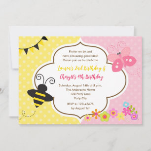 Twins Birthday Invitations Bee Butterfly Garden
