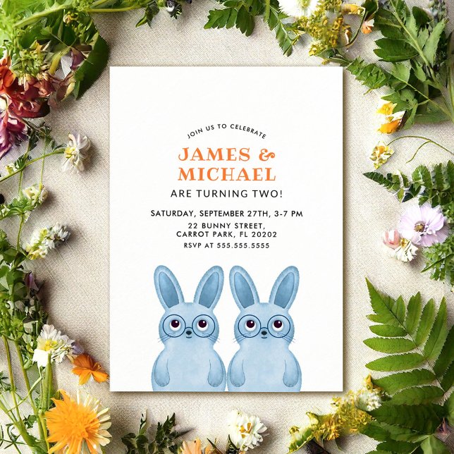 Twins Birthday Party with blue rabbits Invitation (Creator Uploaded)