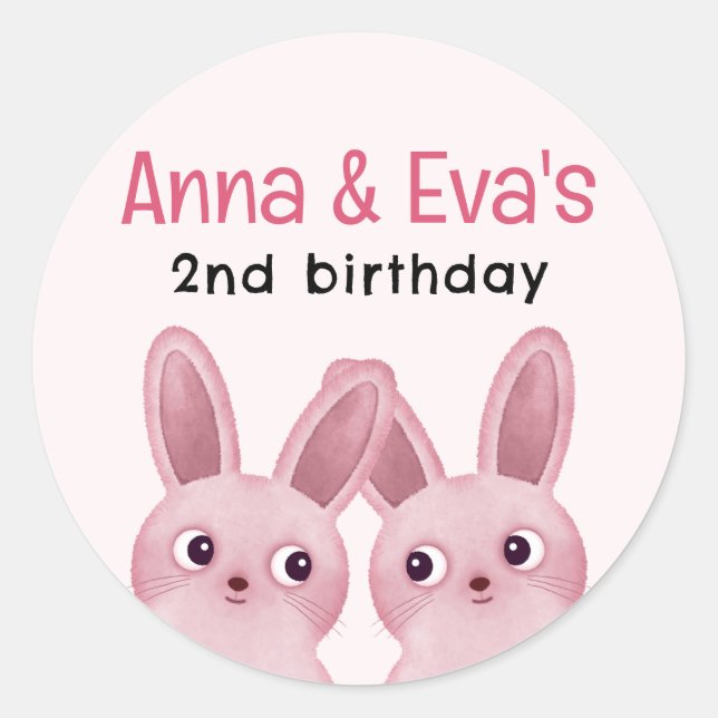 Twins Birthday Party with Pink Baby Bunnies Classic Round Sticker (Front)