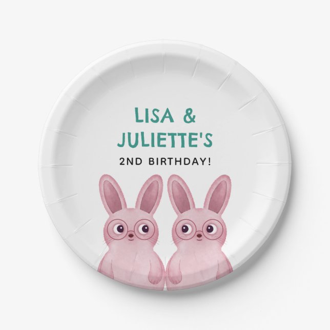 Twins birthday party with two pink bunny girls paper plate (Front)