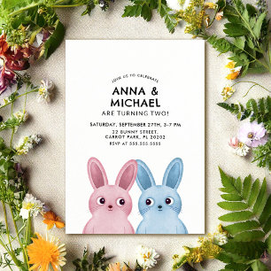 Twins Birthday with blue and pink rabbits Invitation