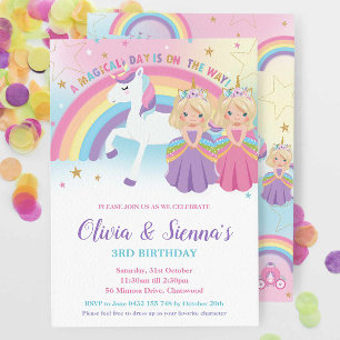 Twins Blonde Blue Eyes Princesses Unicorn Birthday Invitation