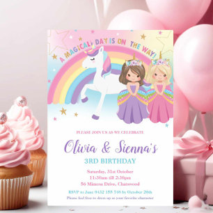 Twins Blonde Brunette Princesses Unicorn Birthday Invitation