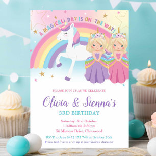 Twins Blonde Princesses and Unicorn Birthday Party Invitation
