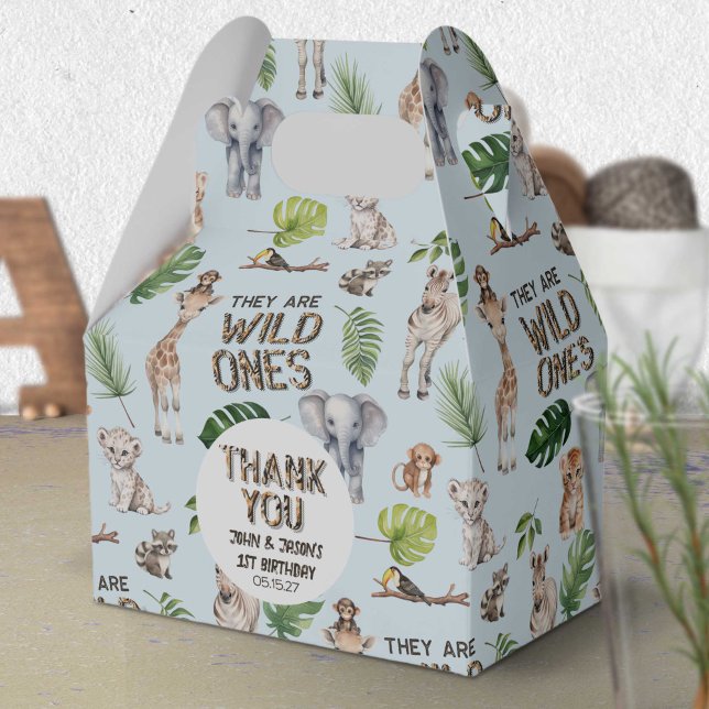 Twins Blue Jungle Animals Themed 1st birthday Favour Box (Twins Blue Jungle Animals Themed, Baby Boys 1st birthday favor box.)