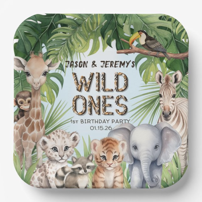 Twins Blue Jungle animals wild one Safari themed Paper Plate (Front)