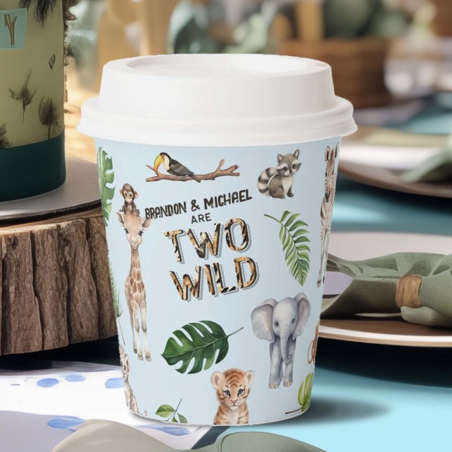 Twins Blue Safari Themed Two Wild Boy 2nd  Paper Cups (Twins Blue Two Wild 2nd Birthday paper cups)