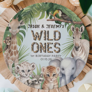 Twins Blue wild one jungle animals 1st birthday Paper Plate