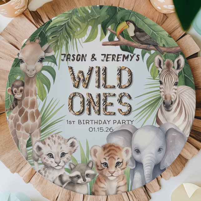 Twins Blue wild one jungle animals 1st birthday Paper Plate (Twins, 1st birthday celebration paper plates, Safari themed blue first birthday for baby boy)