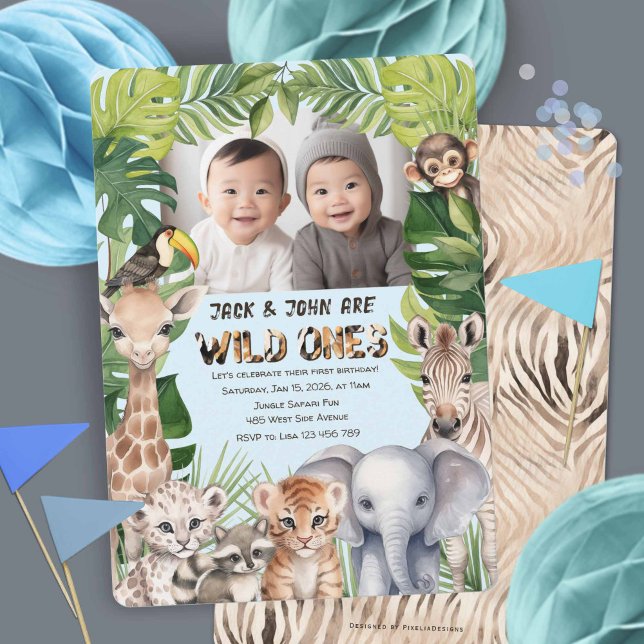 Twins blue wild one, safari 1st birthday photo invitation (Twins wild one photo invitation, First birthday .)