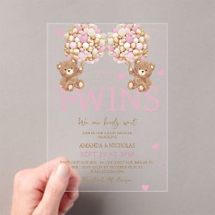 Twins Blush Pink Bear Girls Balloons Baby Shower Acrylic Invitations