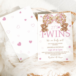 Twins Blush Pink Bear Girls Balloons Baby Shower Invitation