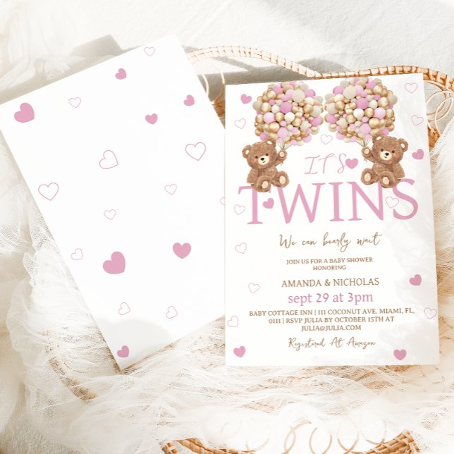 Twins Blush Pink Bear Girls Balloons Baby Shower  Invitation (Creator Uploaded)