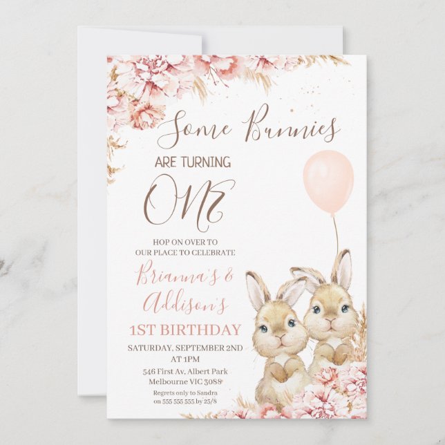 Twins Boho Floral Bunny Balloon 1st Birthday Invitation (Front)