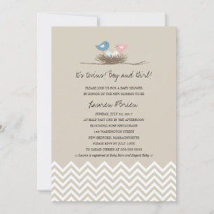 Twins Boy and Girl Bird's Nest Baby Shower Invitation