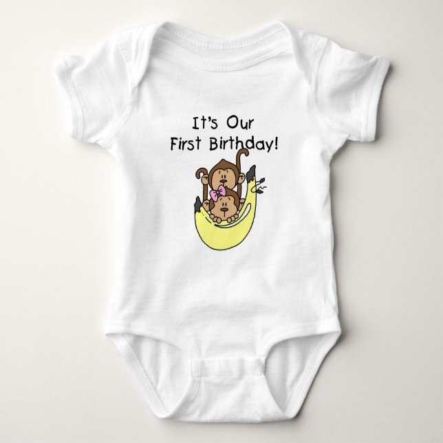 Twins - Boy and Girl Monkey 1st Birthday Baby Bodysuit (Front)