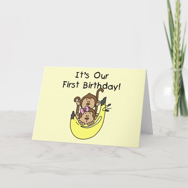 Twins - Boy and Girl Monkey 1st Birthday Card (Front)
