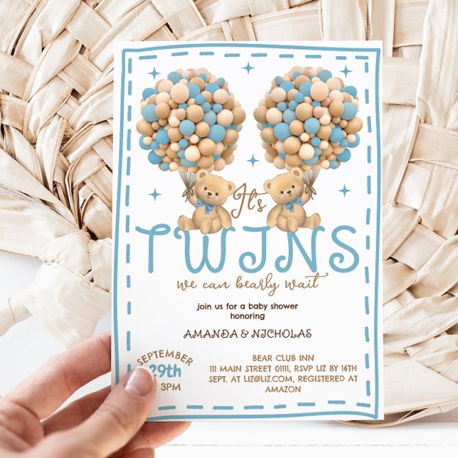 Twins Boy Bear Blue Balloon Baby Shower Invitation (Creator Uploaded)