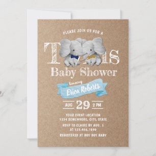 Twins Boy Cute Elephant Rustic Kraft Baby Shower Invitation