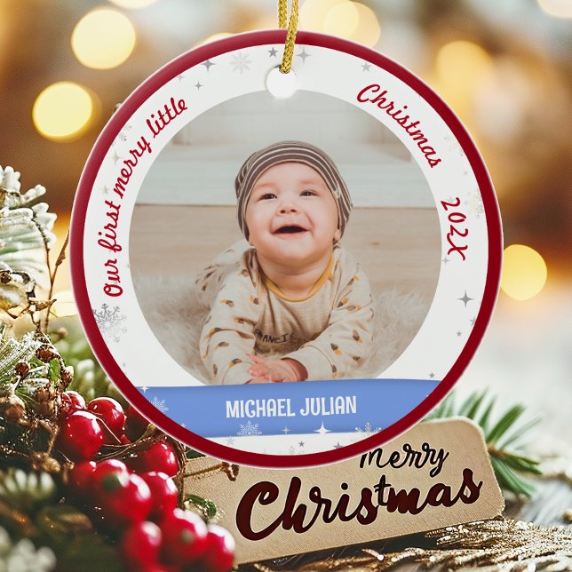 Twins Boy Girl 2 Photos 1st Merry Little Christmas Ceramic Ornament (Elegant Modern Cute Our first merry little Christmas Twins Baby Boy Girl 2 Photos Snowflakes Red Rim)