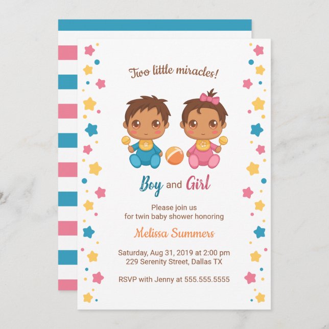 Twins Boy Girl Baby Shower 2 Invitation (Front/Back)