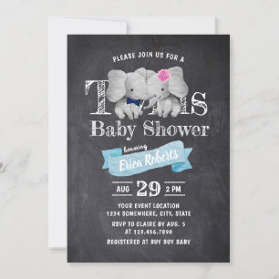 Twins Boy & Girl Cute Elephant Rustic Baby Shower Invitation