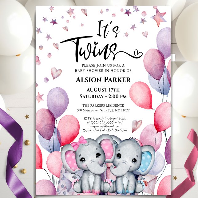 Twins Boy Girl Elephant Balloon Cute Baby Shower Invitation (Creator Uploaded)