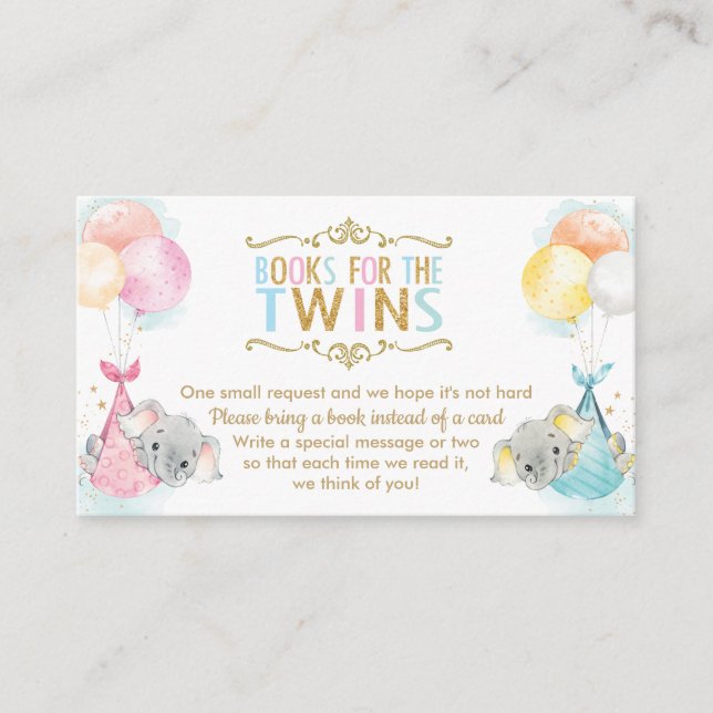 Twins Boy Girl Elephant Bring a Book Instead Enclosure Card (Front)