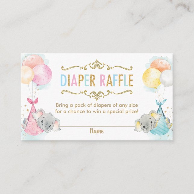 Twins Boy Girl Elephant Diaper Raffle Ticket Enclosure Card (Front)