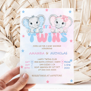 Twins Boy Girl Elephants Baby Shower Invitation
