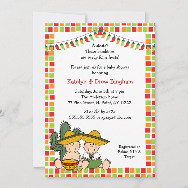 Twins boy girl Mexican Fiesta Baby Shower Invite (Front)