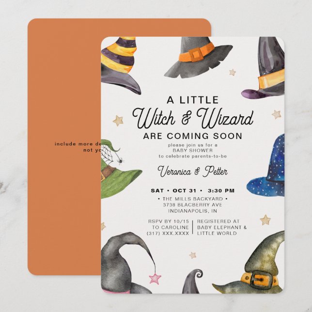 Twins Boy Girl Orange Halloween Baby Shower Invitation (Front/Back)