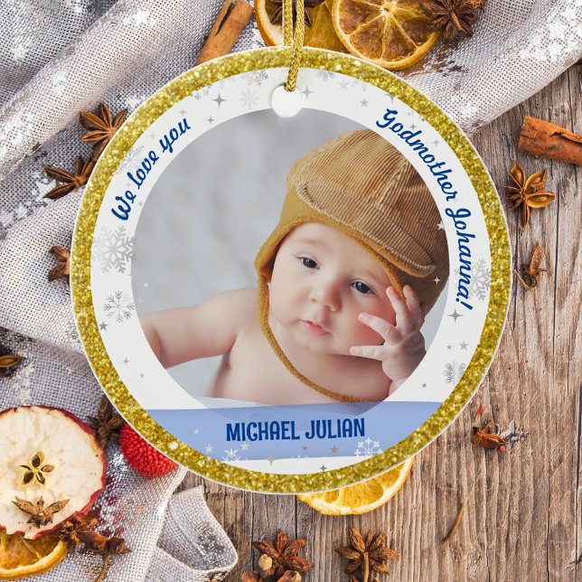 Twins Boy Girl Photos Godmother 1st Christmas Baby Ceramic Ornament (Modern, Elegant, Cute We love you, Godmother First Christmas Twin Babies Boy Girl Snowflakes Golden)