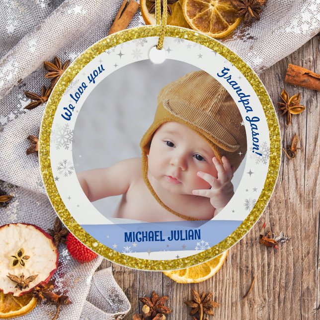 Twins Boy Girl Photos Grandpa First Christmas Baby Ceramic Ornament (Modern, Elegant, Cute We love you, Grandpa First Christmas Twin Babies Boy Girl Snowflakes Golden)
