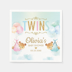 Twins Boy Girl Teddy Bears Balloons Baby Shower Napkin