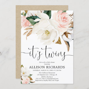 Twins boy girl white pink rustic baby shower invitation