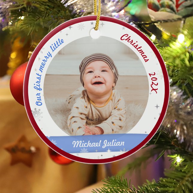 Twins Boys 2 Photos First Merry Little Christmas Ceramic Ornament (Modern Elegant Cute Our First Merry Little Christmas Twins Baby Boys 2 Photos Snowflakes Red Frame)