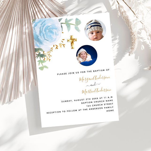 Twins boys blue floral photo luxury baptism invitation (Creator Uploaded)