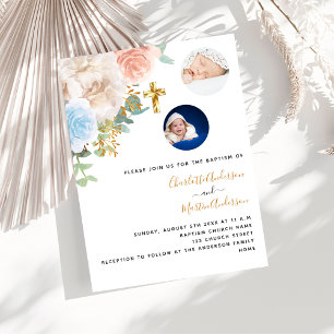 Twins boys girl blue rose florals photo baptism invitation
