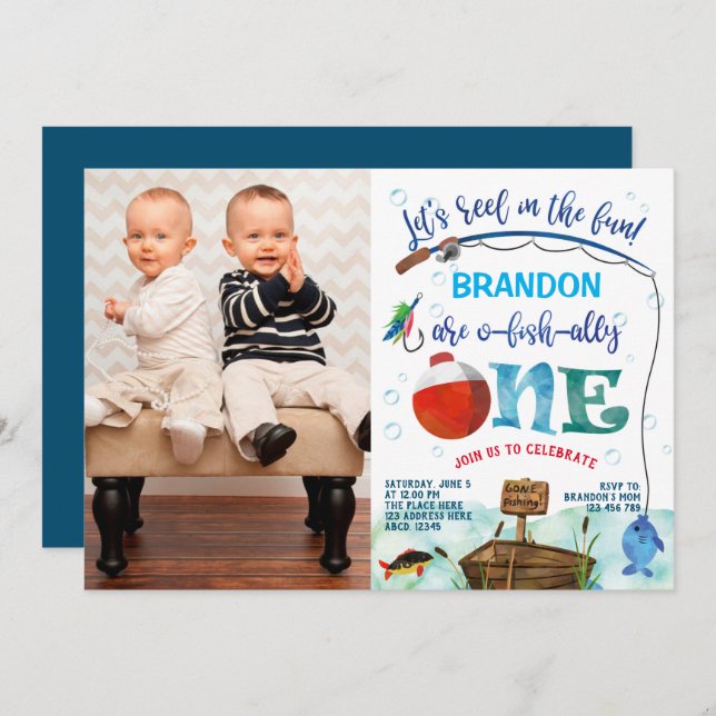 Twins boys little fisherman 1st birthday photo invitation (Front/Back)